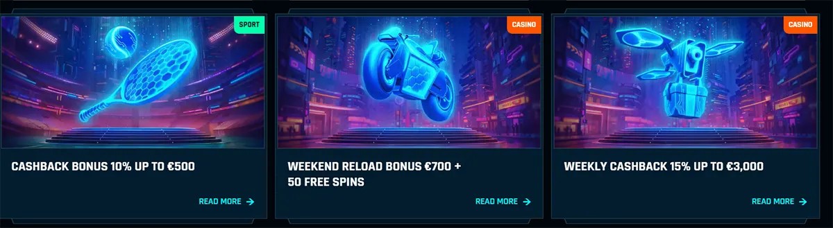 Online casino promotion cards displaying offers such as a 10% cashback bonus up to €500, a weekend reload bonus of €700 + 50 free spins, and a weekly cashback of 15% up to €3,000 on a neon-style gaming interface.