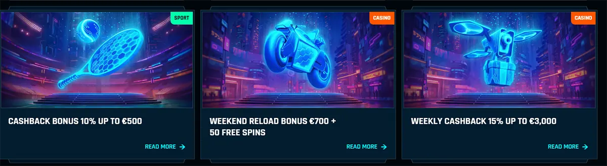 Online casino promotion cards displaying offers such as a 10% cashback bonus up to €500, a weekend reload bonus of €700 + 50 free spins, and a weekly cashback of 15% up to €3,000 on a neon-style gaming interface.