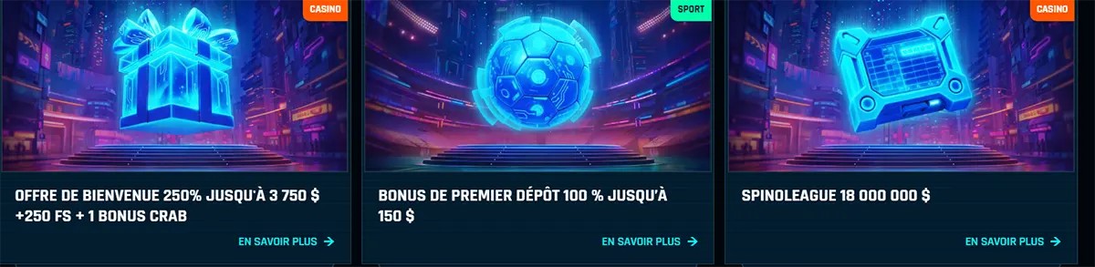 French online casino promotion cards displaying a welcome offer up to $3,750 + 250 free spins, a first deposit bonus up to $150, and a Spinoleague tournament with an $18,000,000 prize pool.
