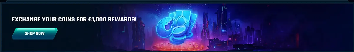 Online casino promotional banner advertising coin exchange rewards up to €1,000 with a “Shop Now” button, featuring glowing coins and a futuristic neon city background.