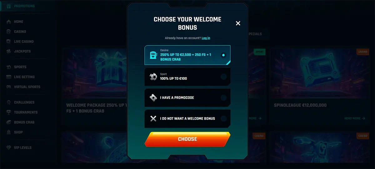 Online casino interface with a “Choose Your Welcome Bonus” popup offering options such as a 250% bonus up to €2,500 + 250 free spins with a bonus crab, a sports bonus up to €100, promo code entry, or declining the welcome bonus.