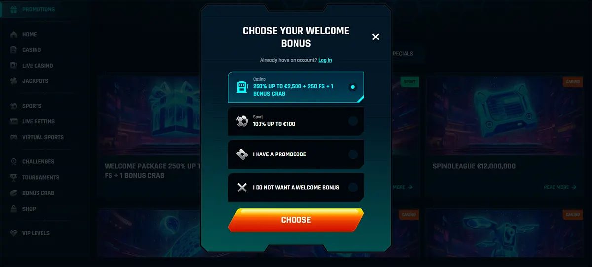 Online casino interface with a “Choose Your Welcome Bonus” popup offering options such as a 250% bonus up to €2,500 + 250 free spins with a bonus crab, a sports bonus up to €100, promo code entry, or declining the welcome bonus.