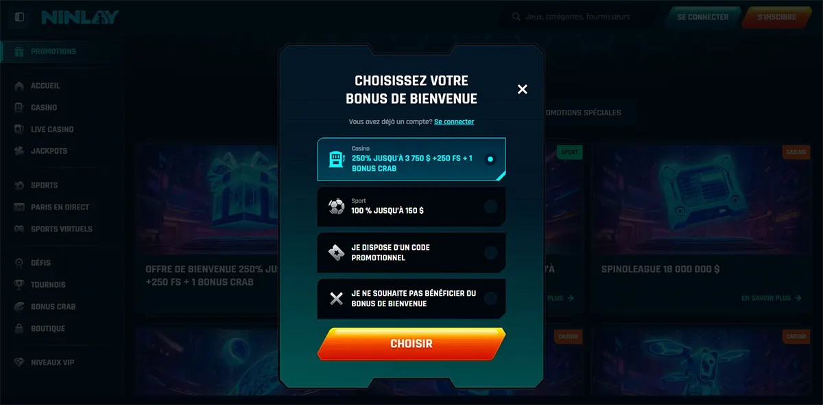 French online casino interface showing a “Choisissez votre bonus de bienvenue” popup with options including a 250% casino bonus up to 3,750 + 250 free spins and a bonus crab, a sports bonus up to 150, promo code entry, or declining the welcome bonus.